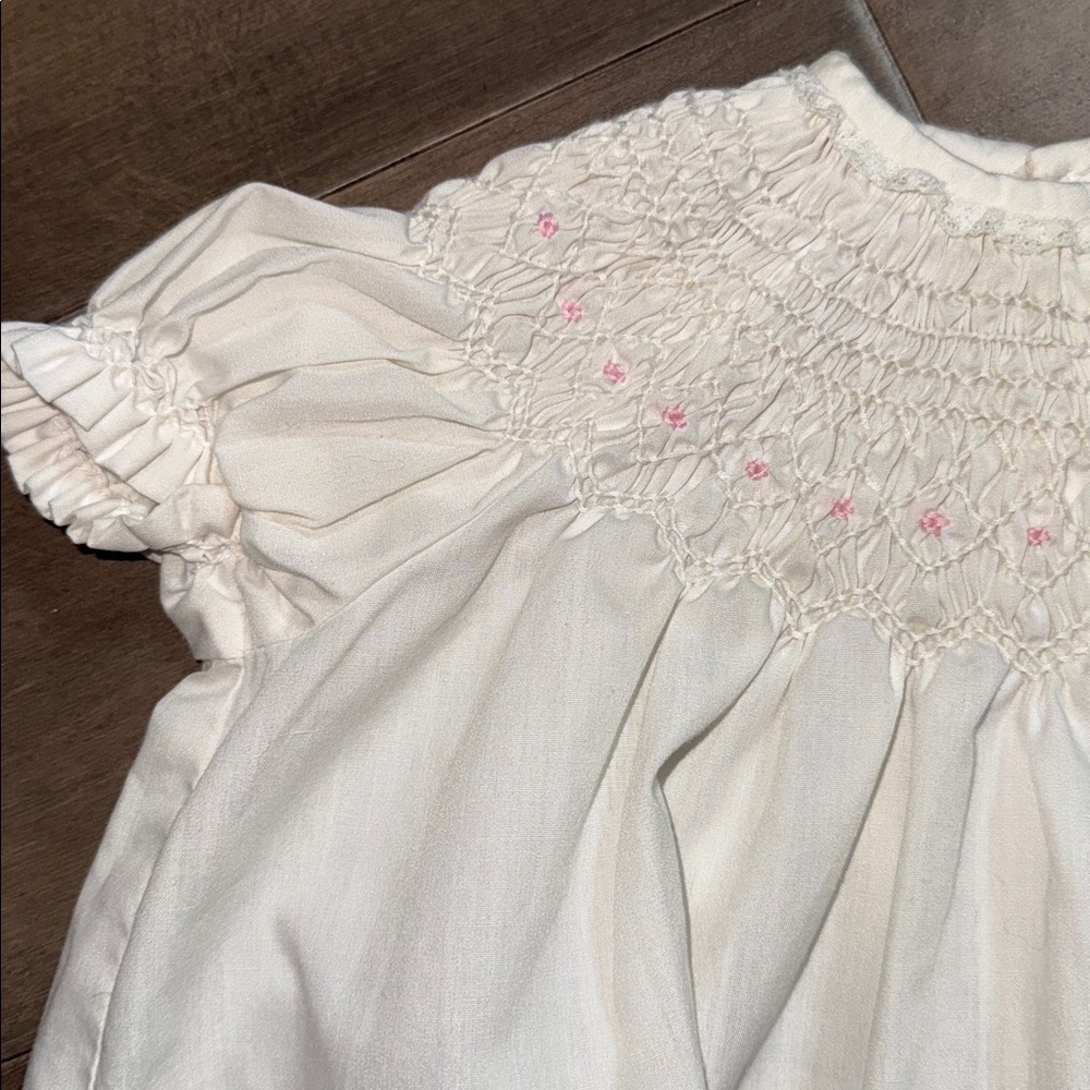 Vintage Hand Smocked Baby Dress White Embroidered Heirloom Gown SZ 0-3M - Picture 2 of 3